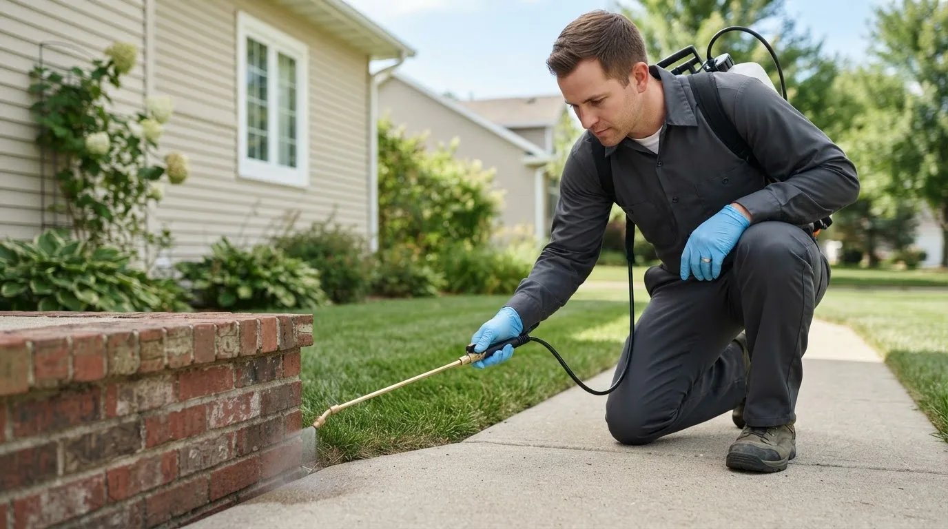 Pest control technician treating a home near Beecher City, IL