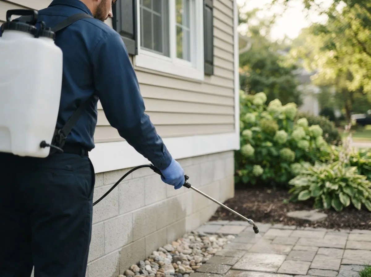 Pest control technician inspecting a home in Beecher City, IL
